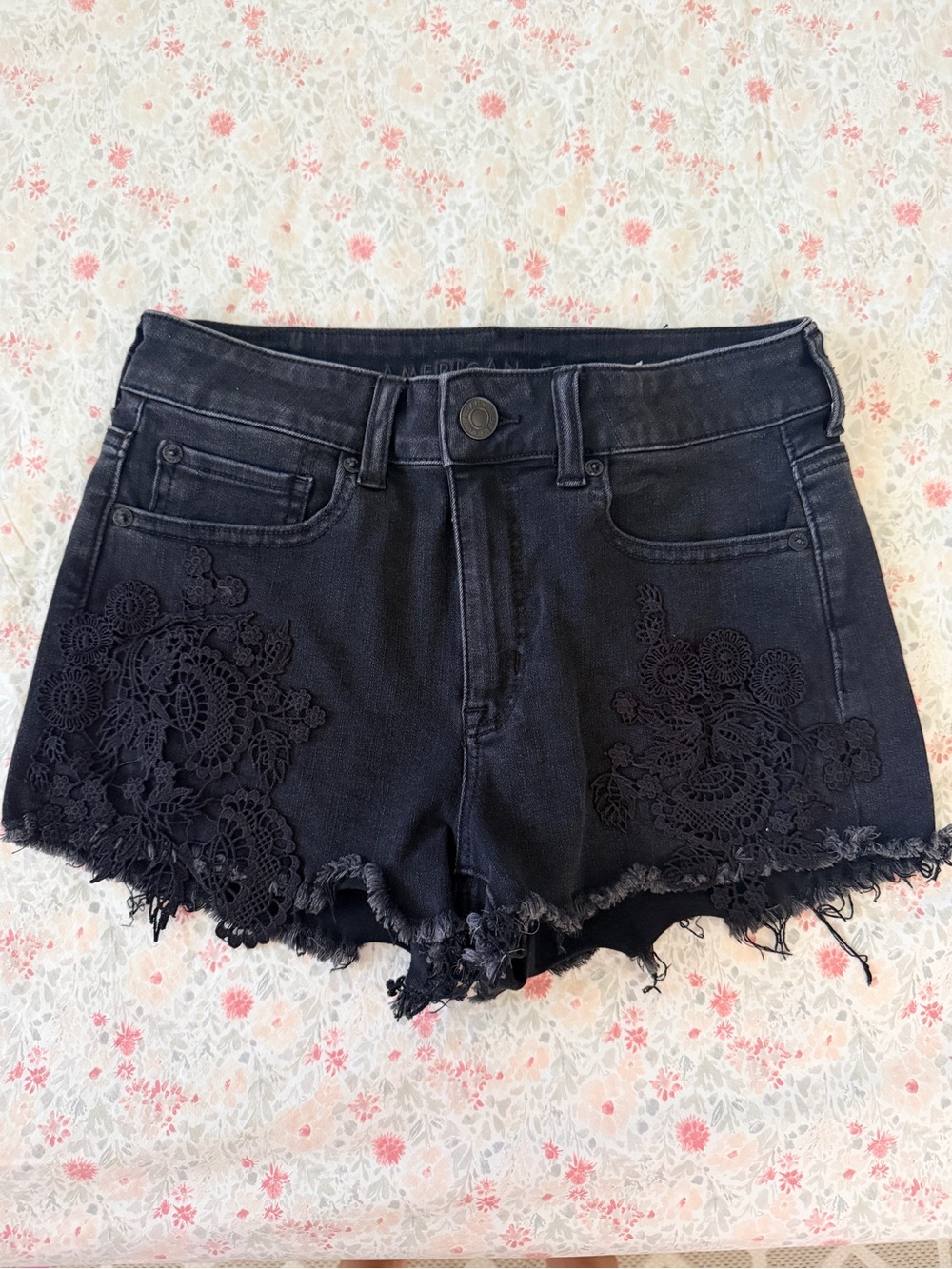 American Eagle Outfitters Black Denim Shorts with Lace Appliqué
